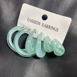 3 Pair Hoop Drop Earrings Seafoam Green Plastic with Metal Posts